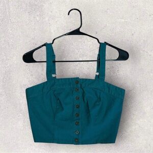 Sky and Sparrow Green Linen Ribbed Button-Down Crop Top Size S